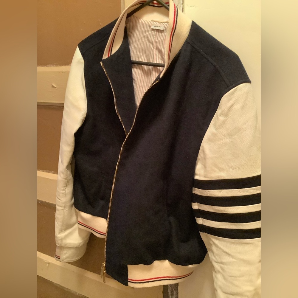 Thom Browne Blue and White Varsity Bomber Jacket size 3